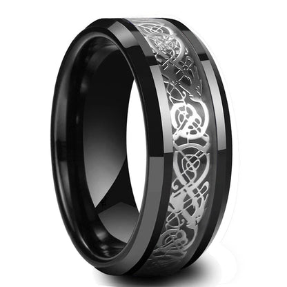 Men's 8mm Black Tungsten Wedding Celtic Dragon Ring Inlaid Red Zircon Punk Stainless Steel red Carbon Fibre ring For Men Jewelry