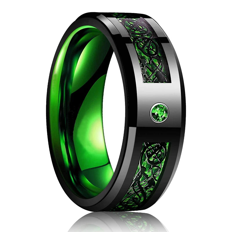Men's 8mm Black Tungsten Wedding Celtic Dragon Ring Inlaid Red Zircon Punk Stainless Steel red Carbon Fibre ring For Men Jewelry