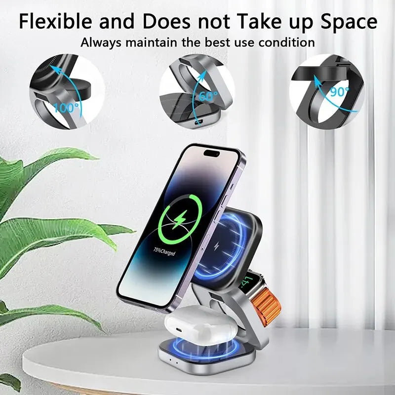 3 In 1 Foldable Magnetic Wireless Charger Stand For iPhone 15 14 13 Pro Max IWatch AirPods 3/2 Station Dock Fast Charging Holder