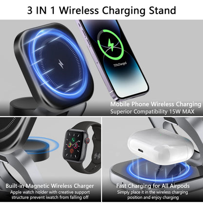 3 In 1 Foldable Magnetic Wireless Charger Stand For iPhone 15 14 13 Pro Max IWatch AirPods 3/2 Station Dock Fast Charging Holder