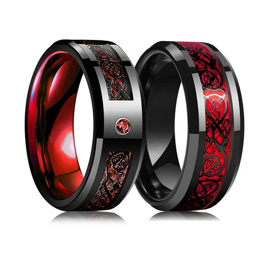 Men's 8mm Black Tungsten Wedding Celtic Dragon Ring Inlaid Red Zircon Punk Stainless Steel red Carbon Fibre ring For Men Jewelry
