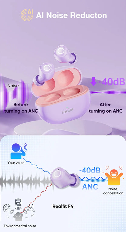 Realfit F4 Mini ANC Bluetooth Earphones 40dB Active Noice Cancellation HIFI Heavy Bass Wireless Earbuds for realme xiaomi