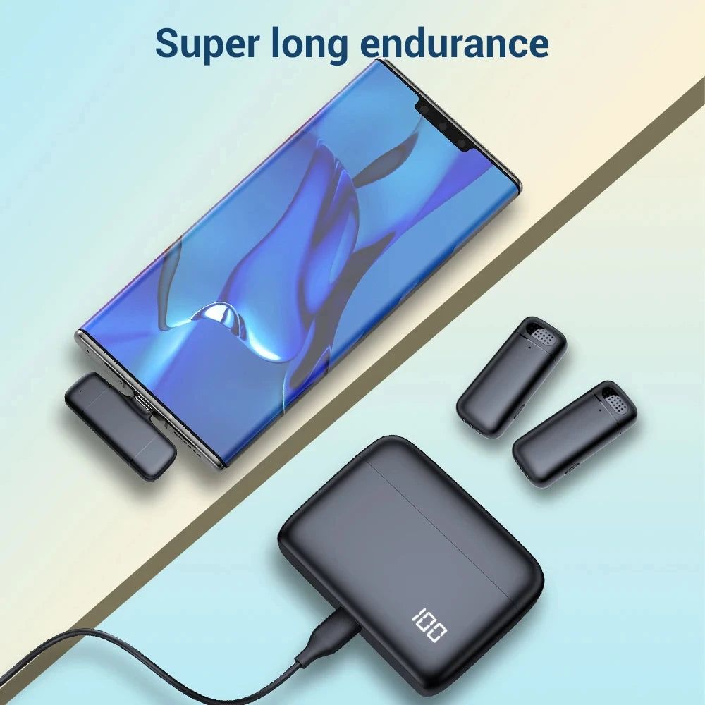 Wireless Stereo Lavalier Microphone Mini Outdoor Noise Cancelling with Charging Case for Live Interviews
