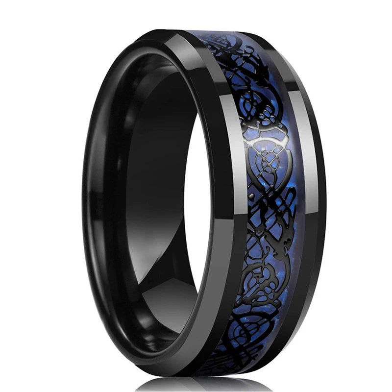 Men's 8mm Black Tungsten Wedding Celtic Dragon Ring Inlaid Red Zircon Punk Stainless Steel red Carbon Fibre ring For Men Jewelry