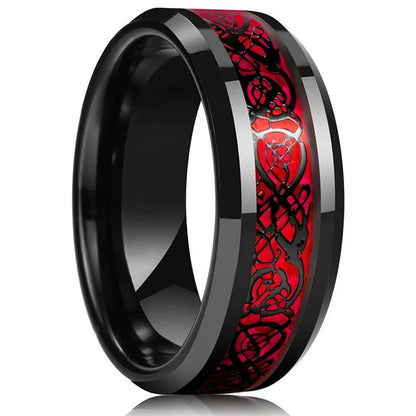 Men's 8mm Black Tungsten Wedding Celtic Dragon Ring Inlaid Red Zircon Punk Stainless Steel red Carbon Fibre ring For Men Jewelry