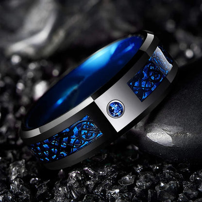 Men's 8mm Black Tungsten Wedding Celtic Dragon Ring Inlaid Red Zircon Punk Stainless Steel red Carbon Fibre ring For Men Jewelry