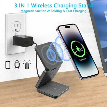 3 In 1 Foldable Magnetic Wireless Charger Stand For iPhone 16 15 14 13 Pro Max iWatch 10 9 AirPods Fast Charging Station Holder