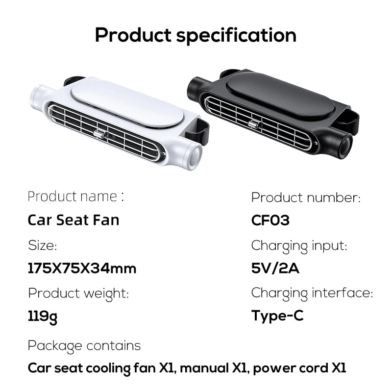 Portable Car Seat Fan for Front Rear Seat Passenge USB Powered Car Headrest Cooling Air Fan Adjustable Strap Car Interior Fan