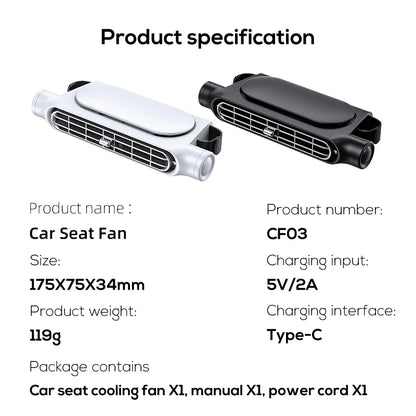 Portable Car Seat Fan for Front Rear Seat Passenge USB Powered Car Headrest Cooling Air Fan Adjustable Strap Car Interior Fan