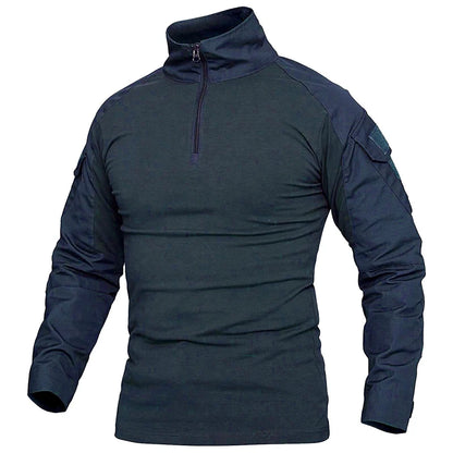 Men's Long Sleeve Combat Shirt 1/4 Zipper Ripstop Cotton Tactical Shirts Navy Blue Camoufalge Airsoft T Shirts