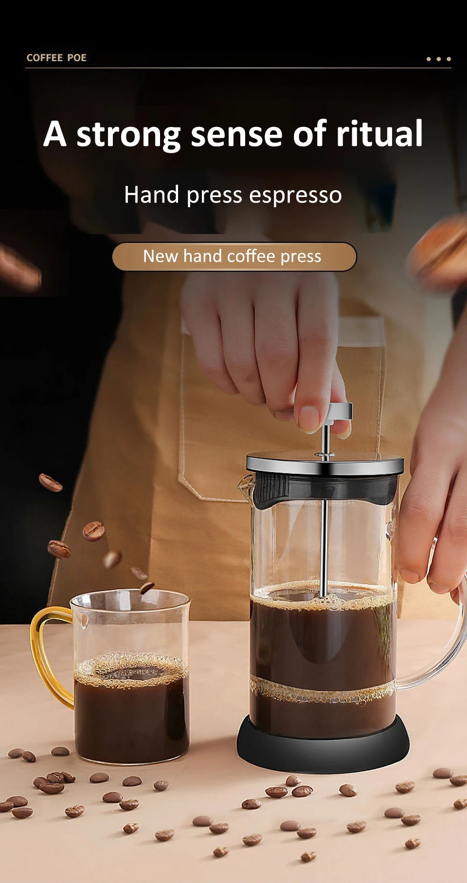 350-1000ml French Press - Stainless Steel and Glass Coffee Maker