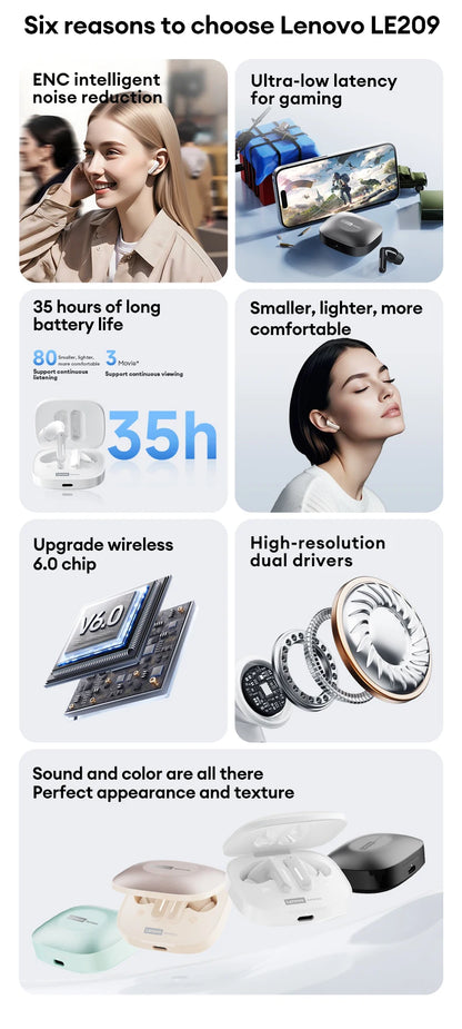 New Lenovo LE209 Wireless Bluetooth Earphone ANC Noise Reduction HiFi Music Bluetooth Headphone 30H Battery Life Gaming Headset