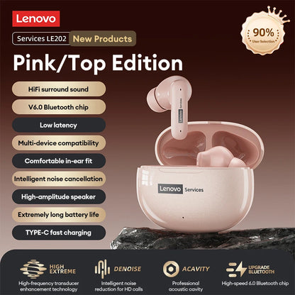 New Lenovo LE202 TWS Bluetooth 6.0 Gaming Earphones AI Call Noise Cancellation Sound Quality Headphone Long Battery Life Earbuds
