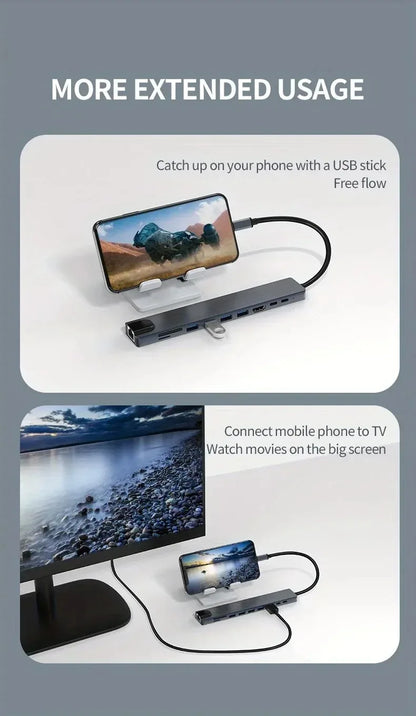 USB C Docking Station with 4K@30Hz HDMI-compatible 100Mbps Ethernet PD100W Multi-port USB Splitter Hub for Thunderbolt3/4 Laptop