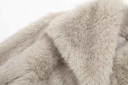 TRAFZA Women Fashion Cropped Faux Fur Jacket Coat Long Sleeve Front Snap-button Female Outerwear Chic Lapel Collar Thick Coat