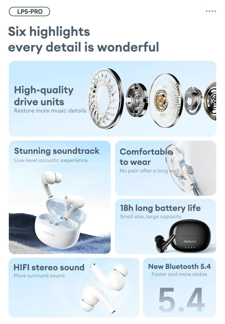 Lenovo LP5 PRO Wireless Bluetooth 5.4 Earphones TWS HiFi Sound Gaming Earbuds LP5Pro Sport headset Long Standby Touch Control