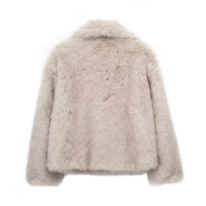 TRAFZA Women Fashion Cropped Faux Fur Jacket Coat Long Sleeve Front Snap-button Female Outerwear Chic Lapel Collar Thick Coat