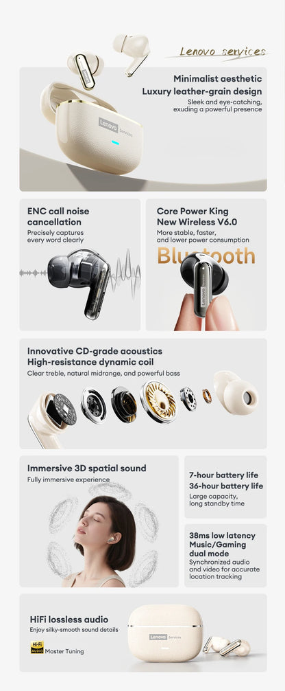 Lenovo LE208 Wireless Bluetooth 6.0 Leather Headphones HiFi Lossless Sound Noise Reduction Earphone Low Latency Gaming Earbuds
