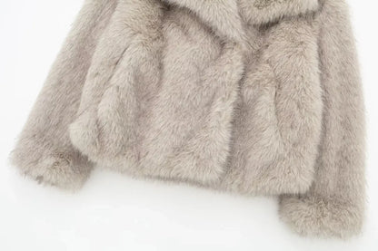 TRAFZA Women Fashion Cropped Faux Fur Jacket Coat Long Sleeve Front Snap-button Female Outerwear Chic Lapel Collar Thick Coat