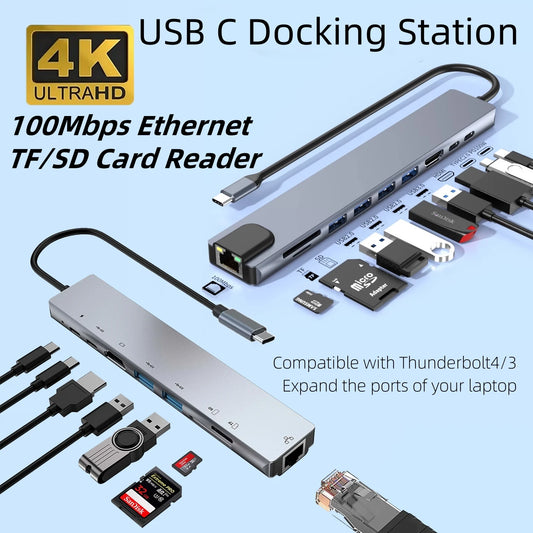 USB C Docking Station with 4K@30Hz HDMI-compatible 100Mbps Ethernet PD100W Multi-port USB Splitter Hub for Thunderbolt3/4 Laptop