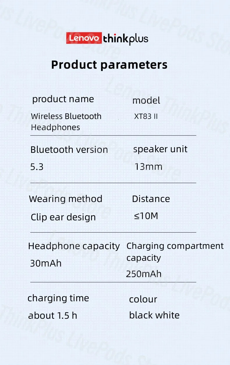 Lenovo XT83II Wireless Headphones Bluetooth 5.3 Earphones Earclip Design Touch Control HD Call with Mics Earbuds Sports Headset
