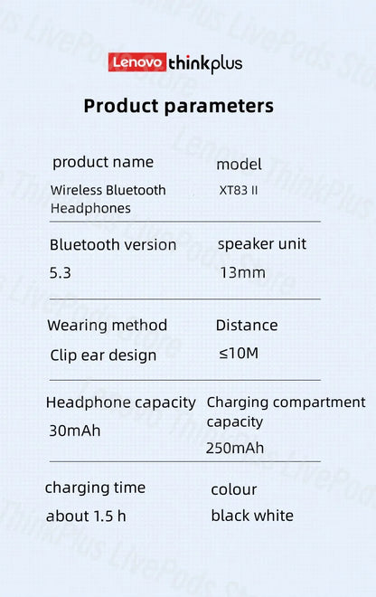 Lenovo XT83II Wireless Headphones Bluetooth 5.3 Earphones Earclip Design Touch Control HD Call with Mics Earbuds Sports Headset