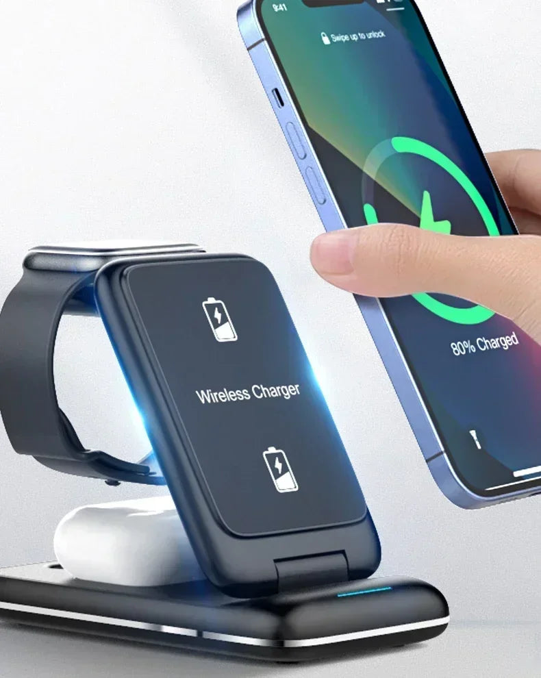 30W Fast Charging Dock Station 3 in 1 Foldable Wireless Charger Stand For iPhone 16 15 14 13 12 11 iWatch 8 7 6 Airpods Pro