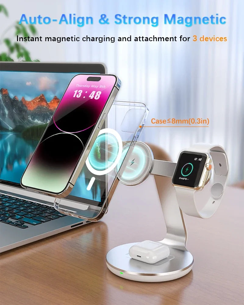 30W 3 In 1 Fast Charging Station Magnetic Wireless Charger Stand For Magsafe iPhone 16 15 14 13 Pro Max iWatch 8 7 Airpods Pro