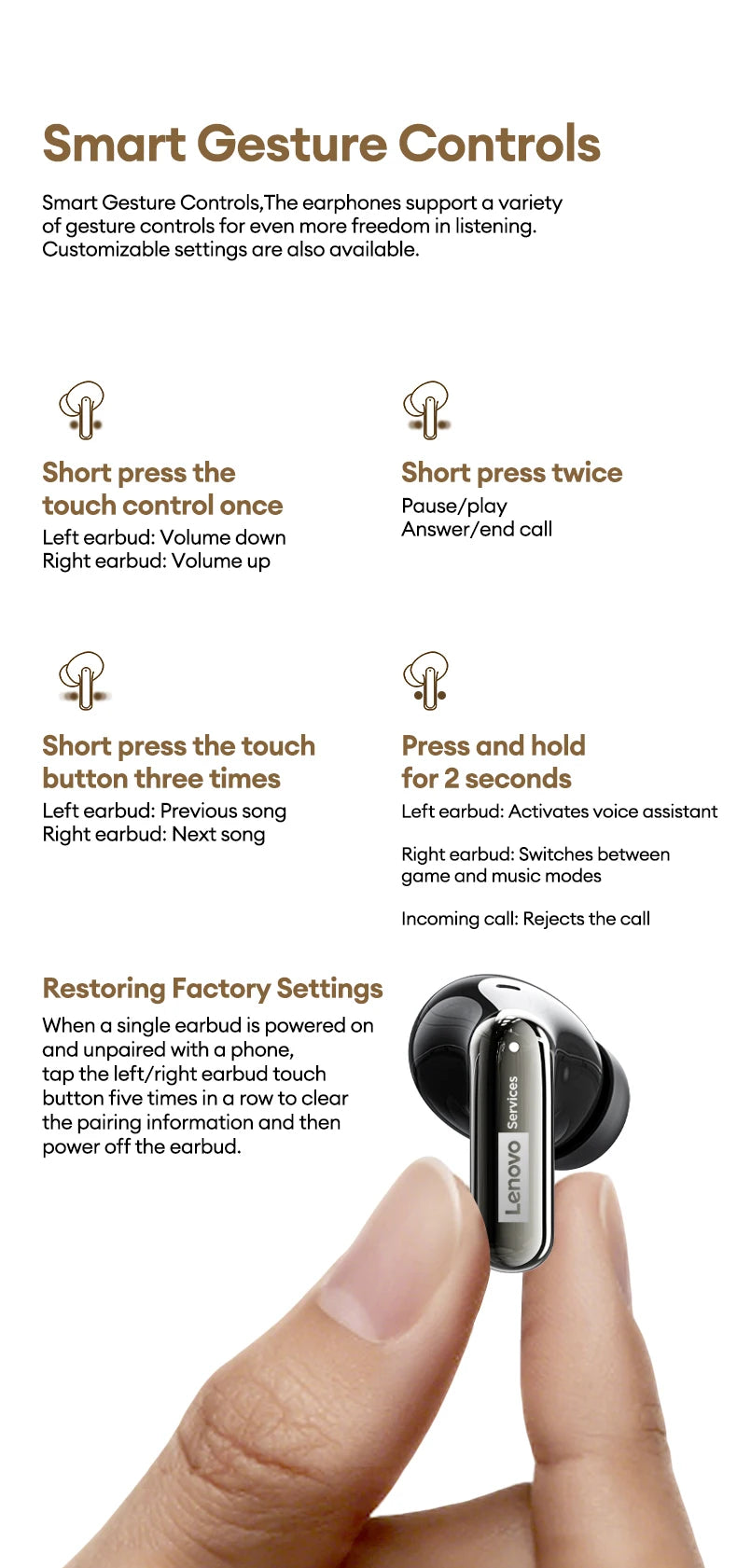 Lenovo LE208 Wireless Bluetooth 6.0 Leather Headphones HiFi Lossless Sound Noise Reduction Earphone Low Latency Gaming Earbuds