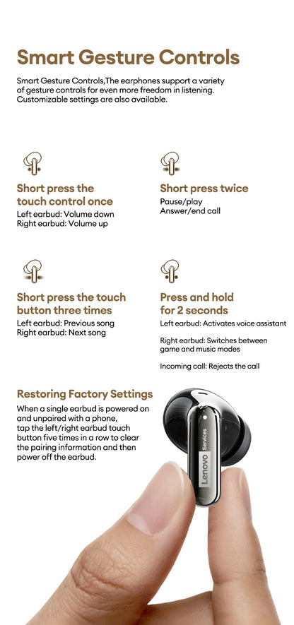 Lenovo LE208 Wireless Bluetooth 6.0 Leather Headphones HiFi Lossless Sound Noise Reduction Earphone Low Latency Gaming Earbuds