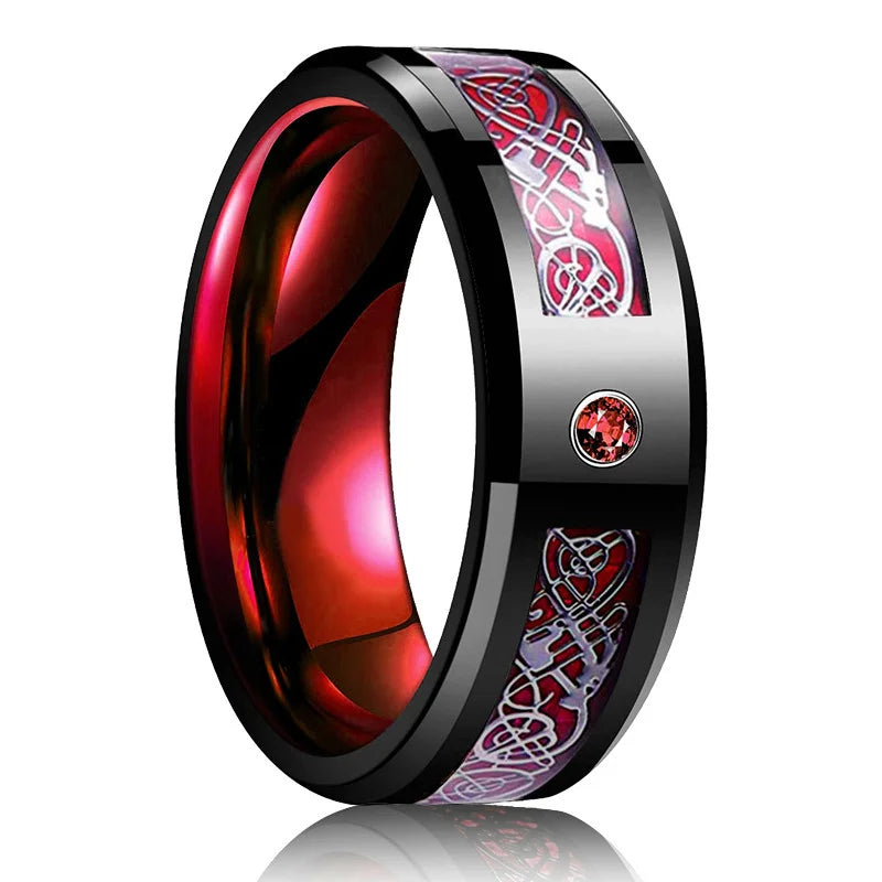 Men's 8mm Black Tungsten Wedding Celtic Dragon Ring Inlaid Red Zircon Punk Stainless Steel red Carbon Fibre ring For Men Jewelry