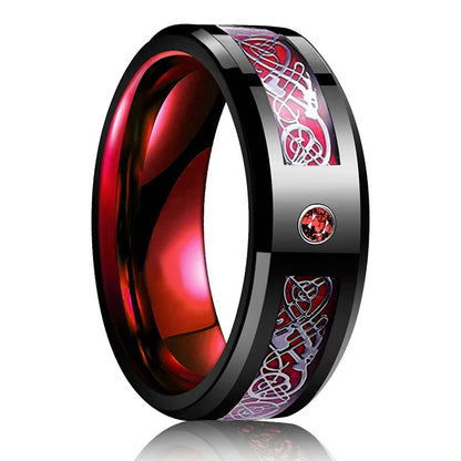 Men's 8mm Black Tungsten Wedding Celtic Dragon Ring Inlaid Red Zircon Punk Stainless Steel red Carbon Fibre ring For Men Jewelry