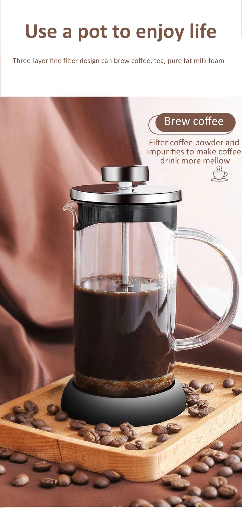 350-1000ml French Press - Stainless Steel and Glass Coffee Maker