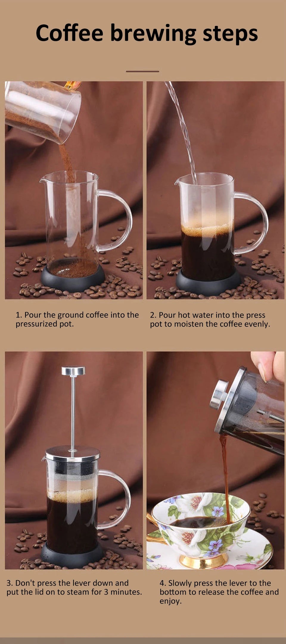 350-1000ml French Press - Stainless Steel and Glass Coffee Maker