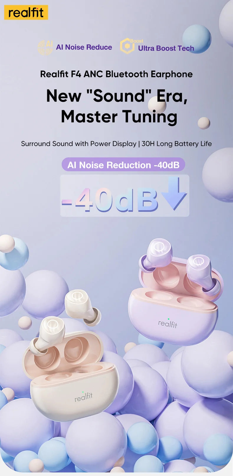 Realfit F4 Mini ANC Bluetooth Earphones 40dB Active Noice Cancellation HIFI Heavy Bass Wireless Earbuds for realme xiaomi