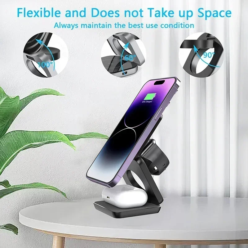 3 In 1 Foldable Magnetic Wireless Charger Stand For iPhone 16 15 14 13 Pro Max iWatch 10 9 AirPods Fast Charging Station Holder