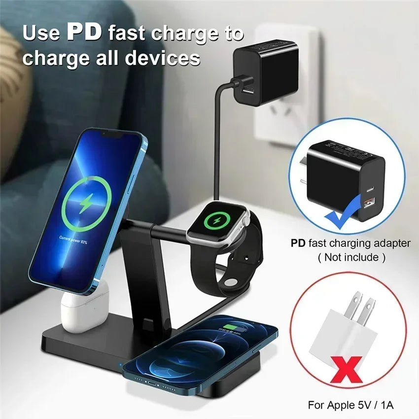 15W 4 In 1 Foldable Fast Charging Station Magnetic Wireless Charger Stand For Magsafe iPhone 12-16 iWatch Airpods Desktop Stand