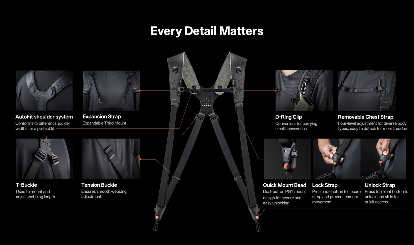PGYTECH Camera Strap Master, Leather Dual Shoulder Harness for 3 Cameras, Adjustable Camera Harness for Professional Photographe