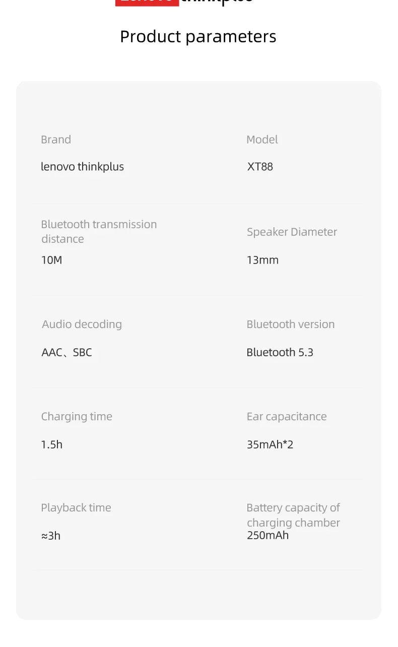 Original Lenovo XT88 Wireless Bluetooth Earbuds Hifi Music Earphone With Microphone Headphone Sport Waterproof Headset 2022 New