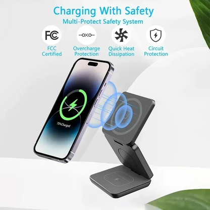 3 In 1 Foldable Magnetic Wireless Charger Stand For iPhone 16 15 14 13 Pro Max iWatch 10 9 AirPods Fast Charging Station Holder