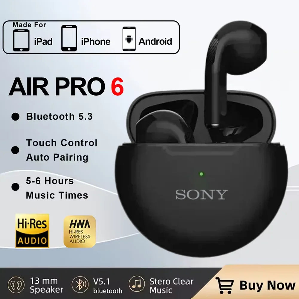 S ONY Pro6 TWS Bluetooth Earphone 9D Stereo Wireless Headphone In-Ear HiFi Earbud HandsFree Headset With Microphone For iOS