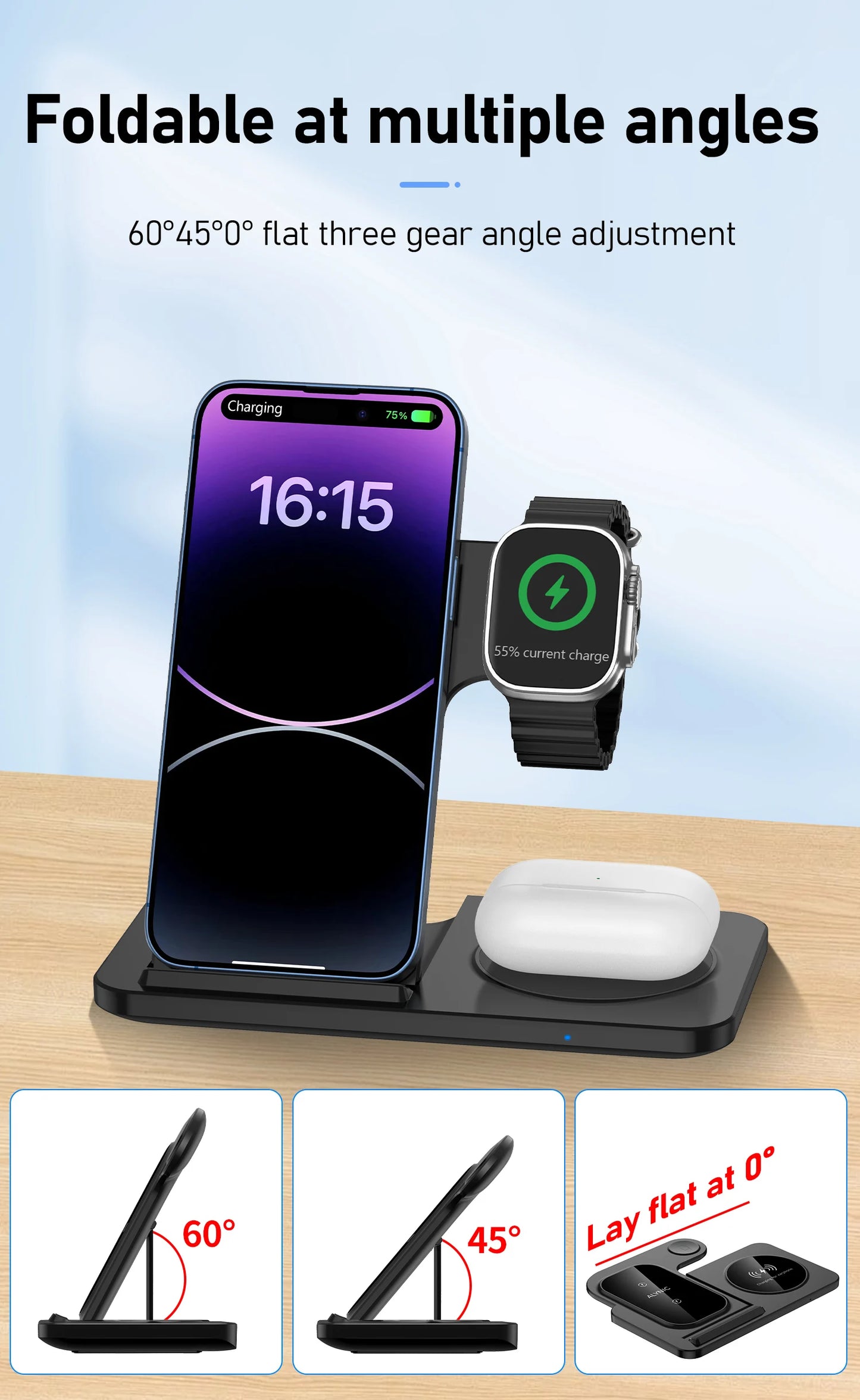 3 in 1 Wireless Charger Stand Pad For iPhone 15 14 13 12 X Max Foldable Fast Charging Station Dock For IWatch 8 7 SE AirPods Pro