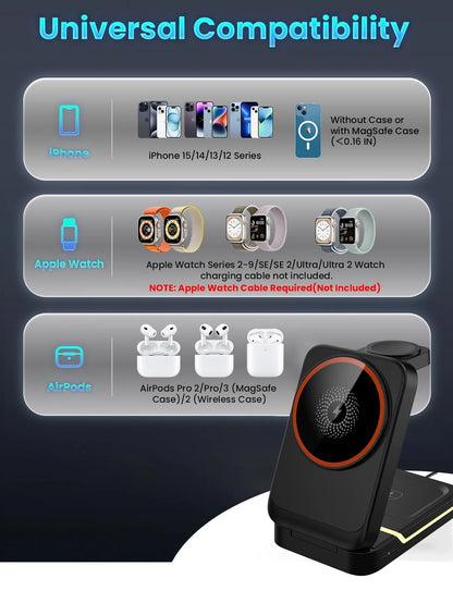Magnetic Wireless Charger For iPhone 16 15 14 13 12 Pro Max/Mini/Plus/ iWatch/Airpods Foldable Wireless Charging Station 3 IN 1