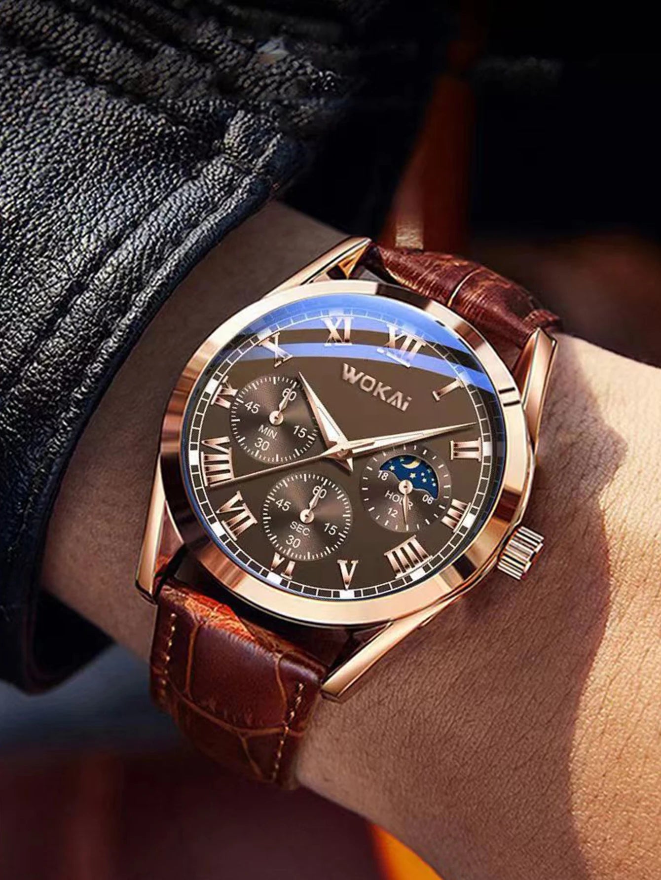 Fashion Business Three-Eye Roman Dial Bamboo Belt Quartz Watch
