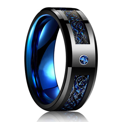 Men's 8mm Black Tungsten Wedding Celtic Dragon Ring Inlaid Red Zircon Punk Stainless Steel red Carbon Fibre ring For Men Jewelry