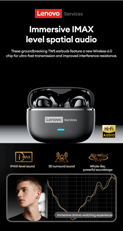 Lenovo LE208 Wireless Bluetooth 6.0 Leather Headphones HiFi Lossless Sound Noise Reduction Earphone Low Latency Gaming Earbuds