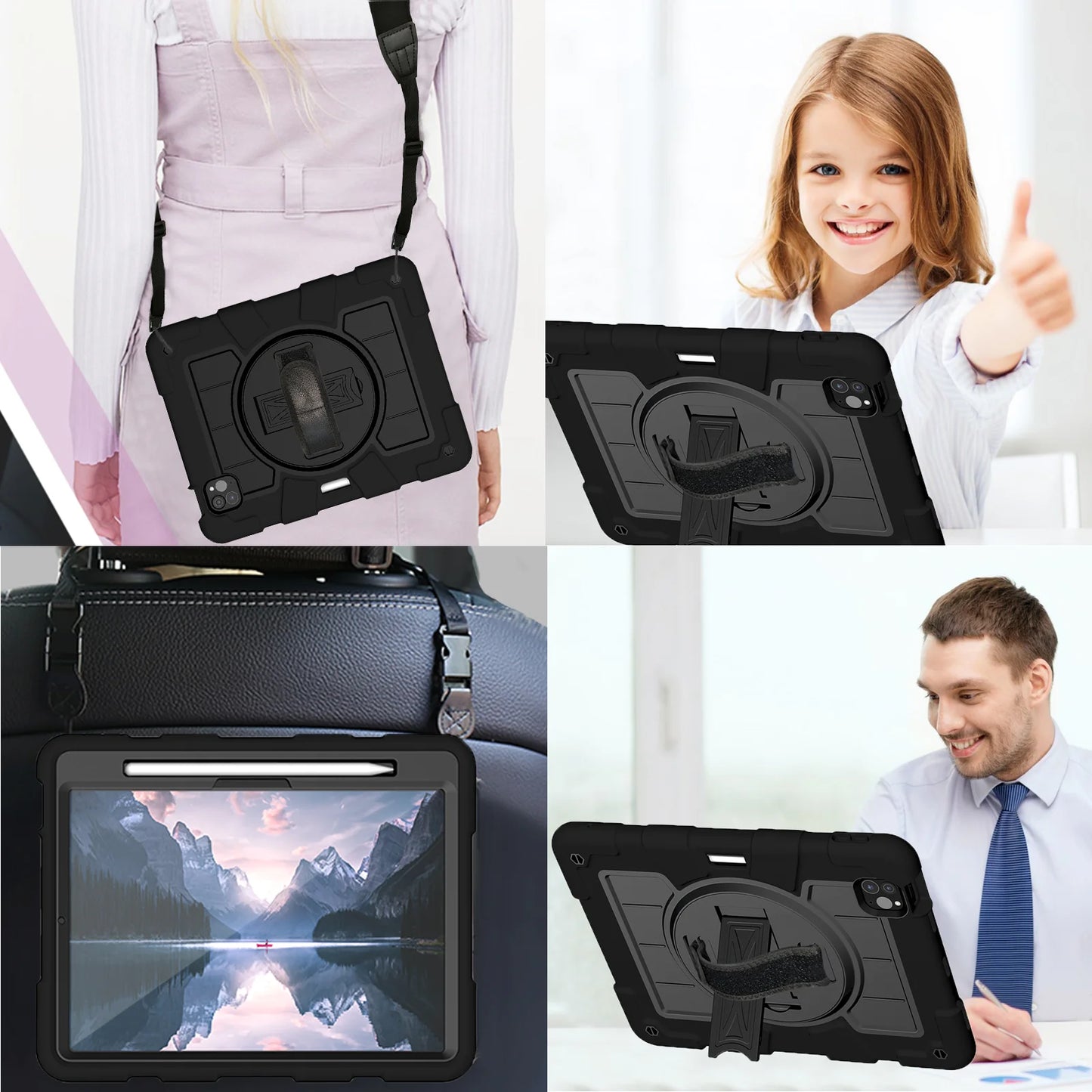 Heavy Duty Case For iPad Pro 11 M4 2024 Model A2836 A2837 A3006 360 Rotation Armor Stand Cover With Shoulder Strap Shockproof