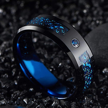 Men's 8mm Black Tungsten Wedding Celtic Dragon Ring Inlaid Red Zircon Punk Stainless Steel red Carbon Fibre ring For Men Jewelry