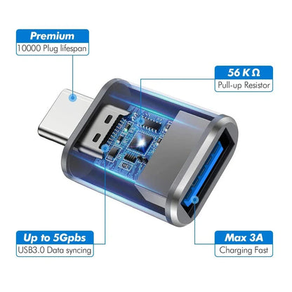 2PCS - USB 3.0 To Type C OTG Charger Adapter Connector and Type-C to USB Male