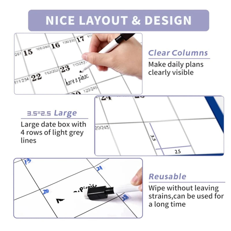 Erasable Whiteboard Calendar Monthly Weekly Planner - Reusable